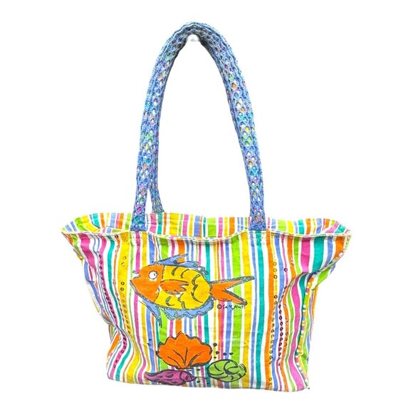 Colorful Whimsical Tropical Fish Beach Large Tote Sally Huss Y2K Striped READ - Picture 1 of 10
